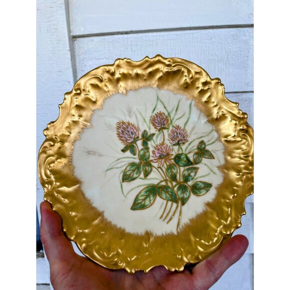 Antique Limoges Strauss & Sons Plate Heavy Gold Hand Painted Clover Flowers 8" - Picture 2 of 13
